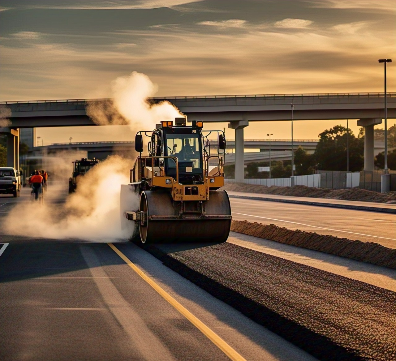 Asphalt paving in progress on highway at sunset, steam roller going over asphalt